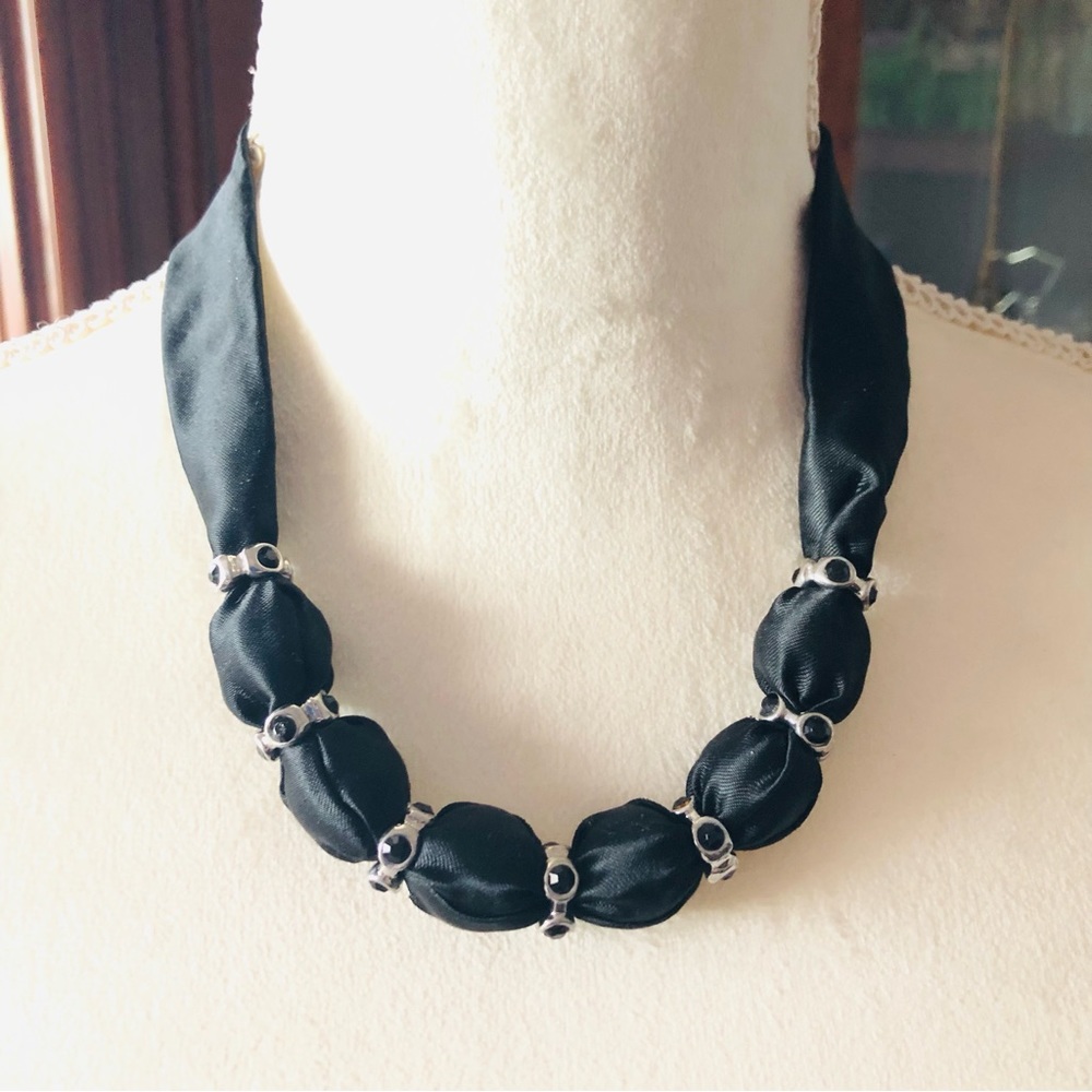 Country Girl black satin fabric covered bead necklace